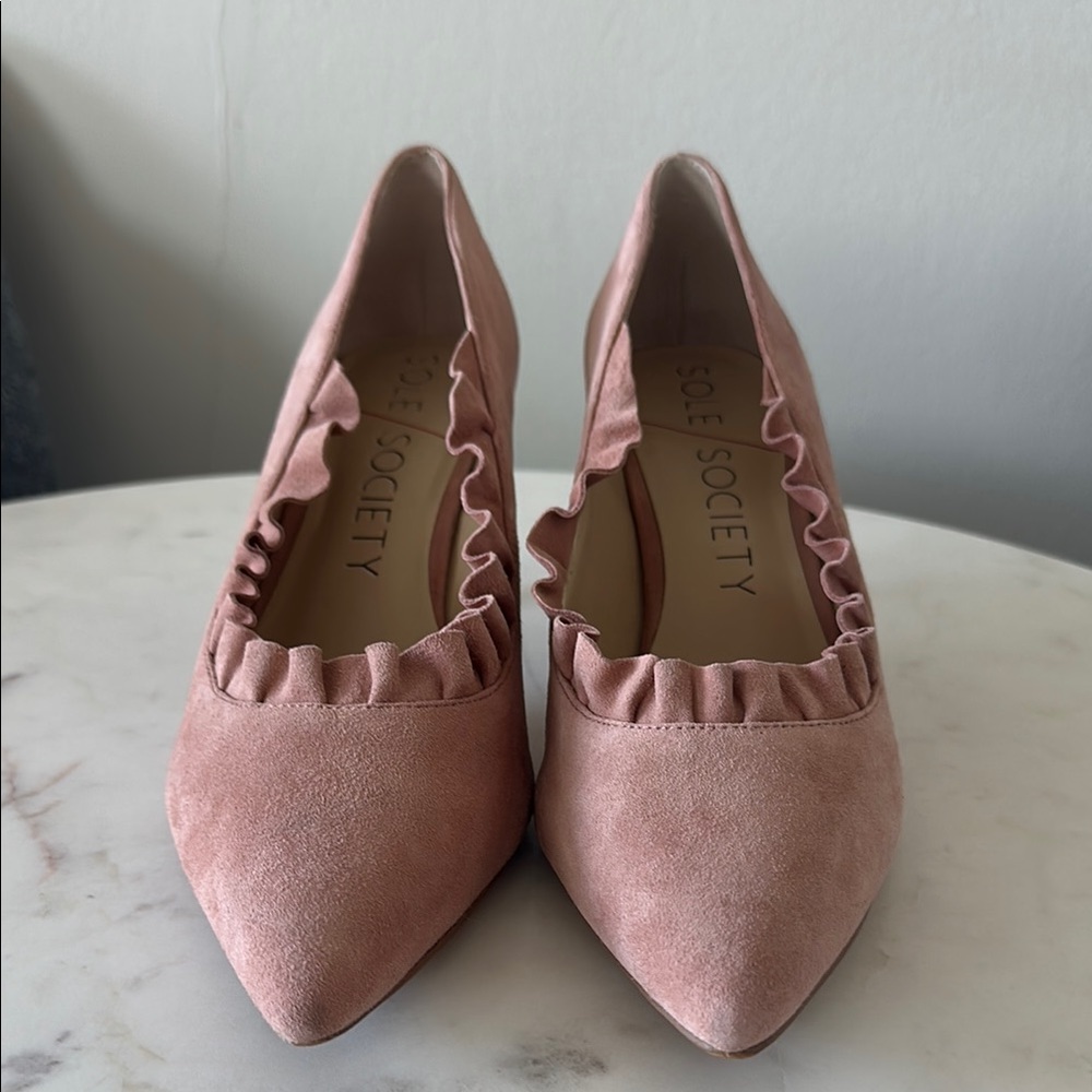 Sole Society Women's Pink Suede Ruffle Kitten Heels
